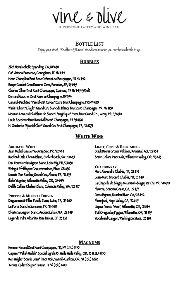 Vine & Olive Bottle List